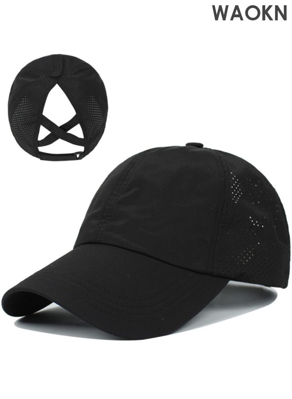 Women and men Criss Cross Ponytail Baseball Cap , High Messy Bun Ponycap Quick Drying Mesh Outdoor Sports Hat with Ponytail Hole Adjustable Travel Summer Hat , suitable for travel , seaside , shopping , camping , running , unisex , black.
